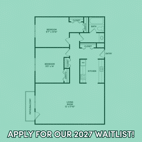 Floor plan for 2 beds, 1 bath, 850 sqft